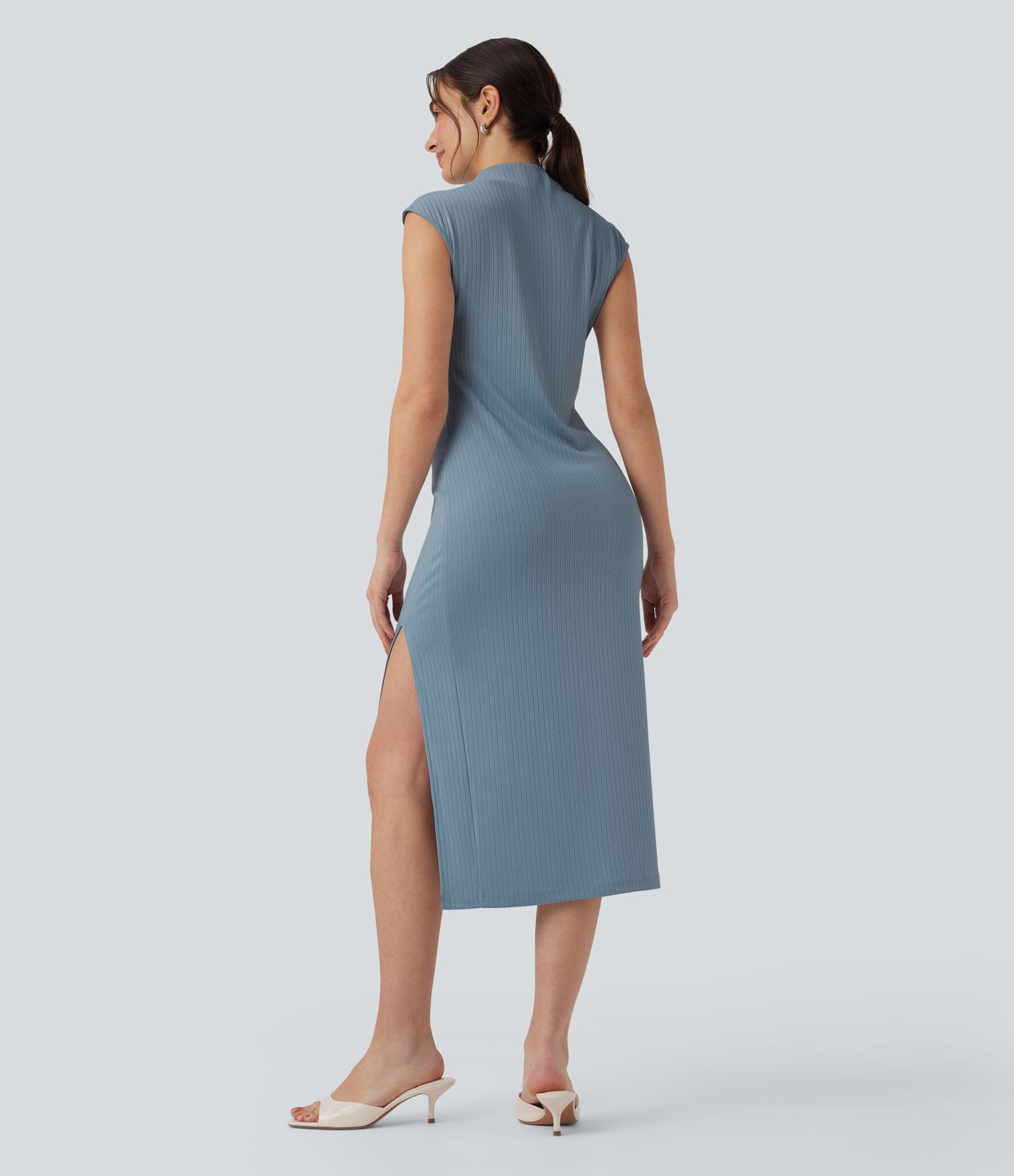 Ribbed Knit Mock Neck Cap Sleeve Bodycon Midi Casual Dress