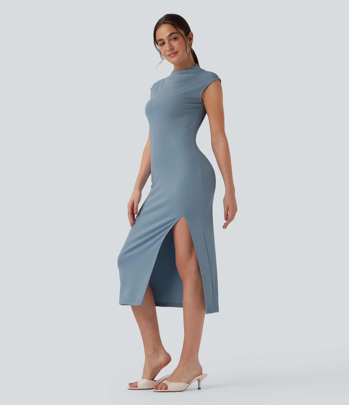 Ribbed Knit Mock Neck Cap Sleeve Bodycon Midi Casual Dress