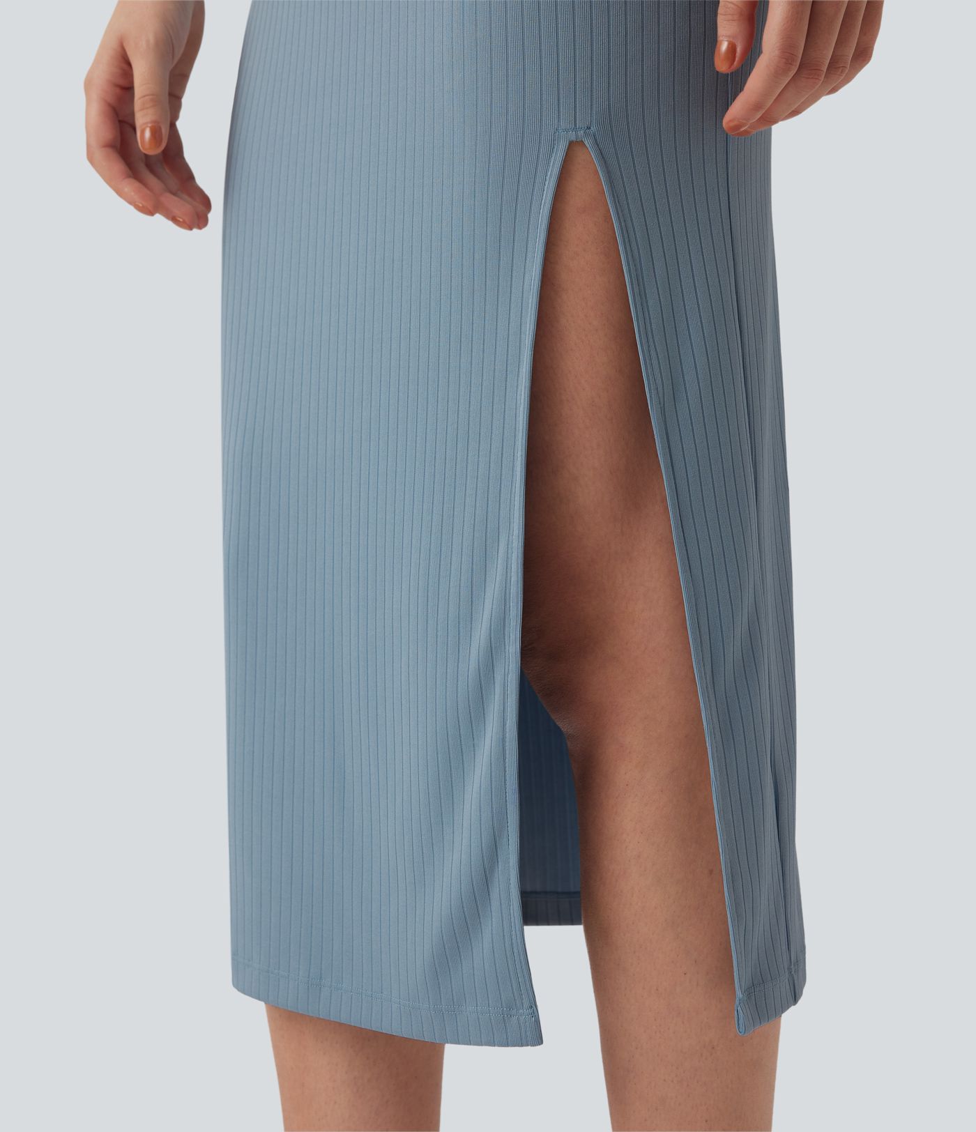 Ribbed Knit Mock Neck Cap Sleeve Bodycon Midi Casual Dress