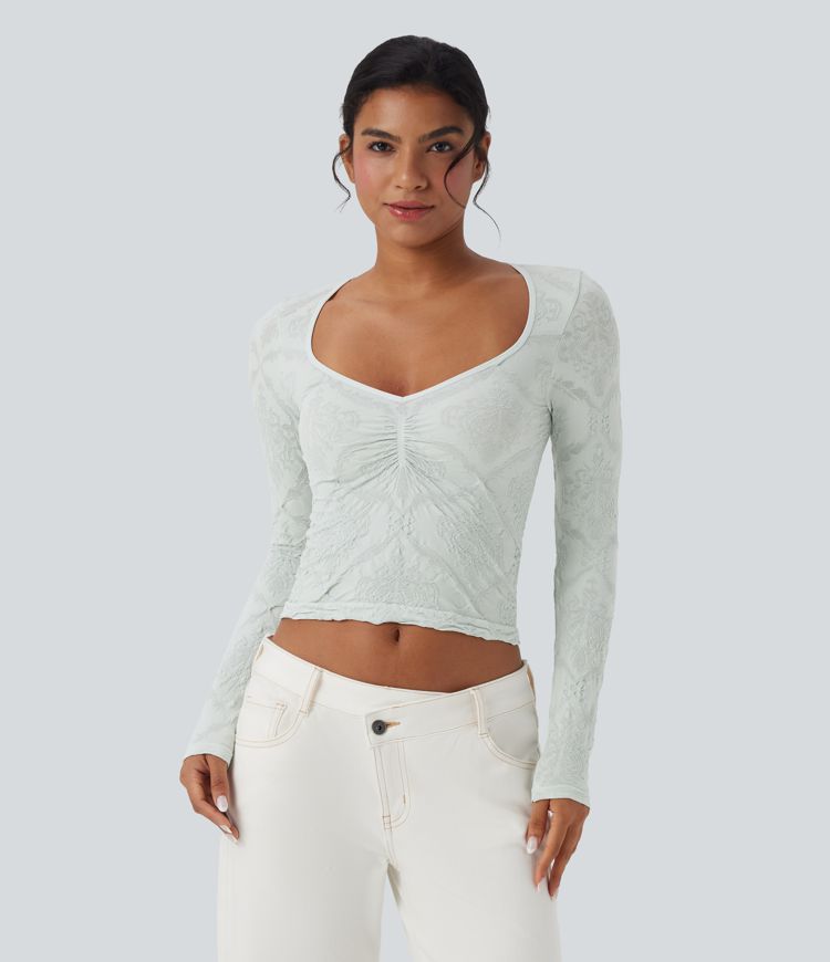 Seamless Flow Jacquard Sweetheart Neck Long Sleeve Casual Sports Top