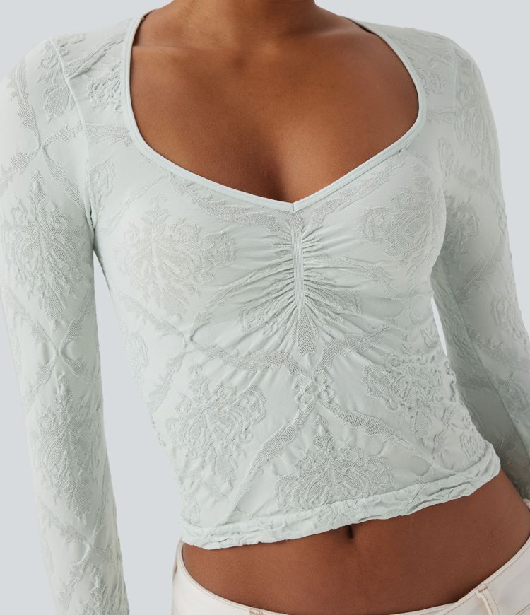 Seamless Flow Jacquard Sweetheart Neck Long Sleeve Casual Sports Top