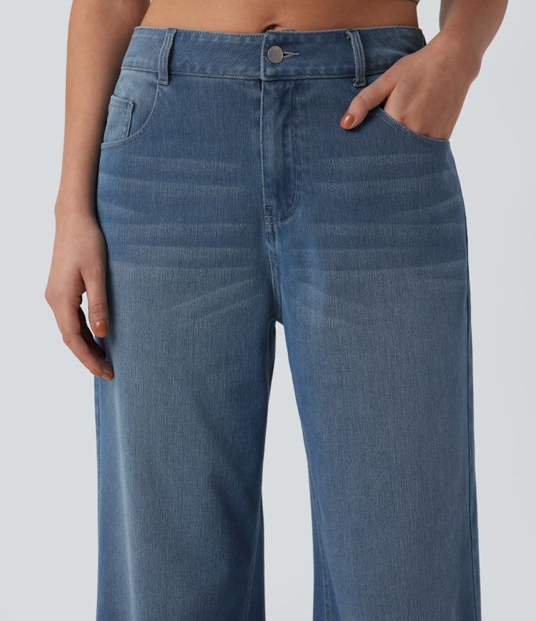 Halara Flex™ vaqueros campanados de tiro medio, de corte relajado, con bolsillos