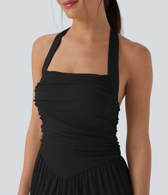 Gerippter Neckholder-Jumpsuit mit Rückenbindung, Kordelzug und Taschen für den Urlaub
