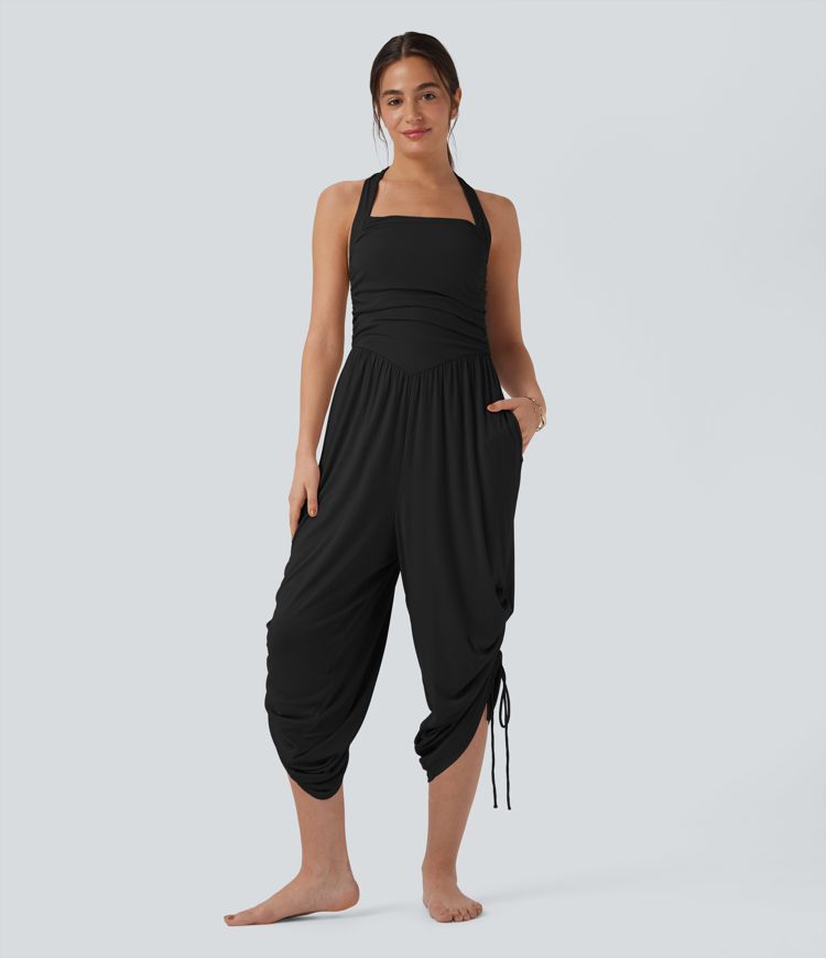 Ribbed Halter Tie Back Drawstring Resort Jumpsuit with Pockets