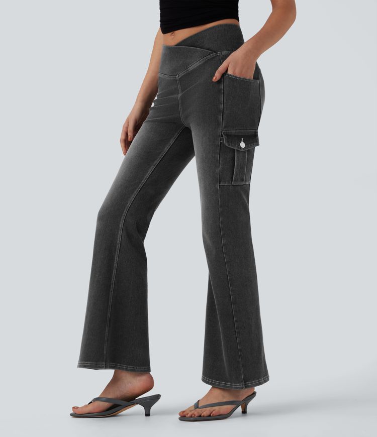 Halara Flex™ Mid Rise Crossover Denim Bootcut Casual Leggings with Pockets