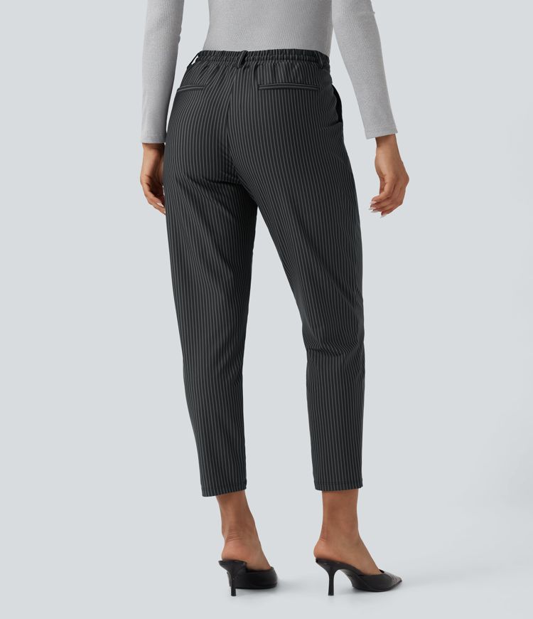 Mid Rise Drawstring Tapered Stripe Work Pants with Pockets