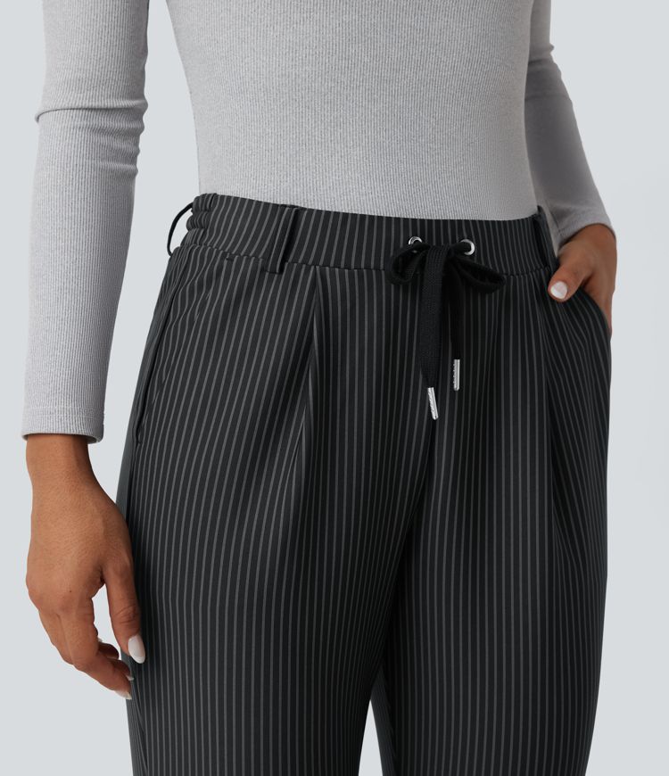 Mid Rise Drawstring Tapered Stripe Work Pants with Pockets