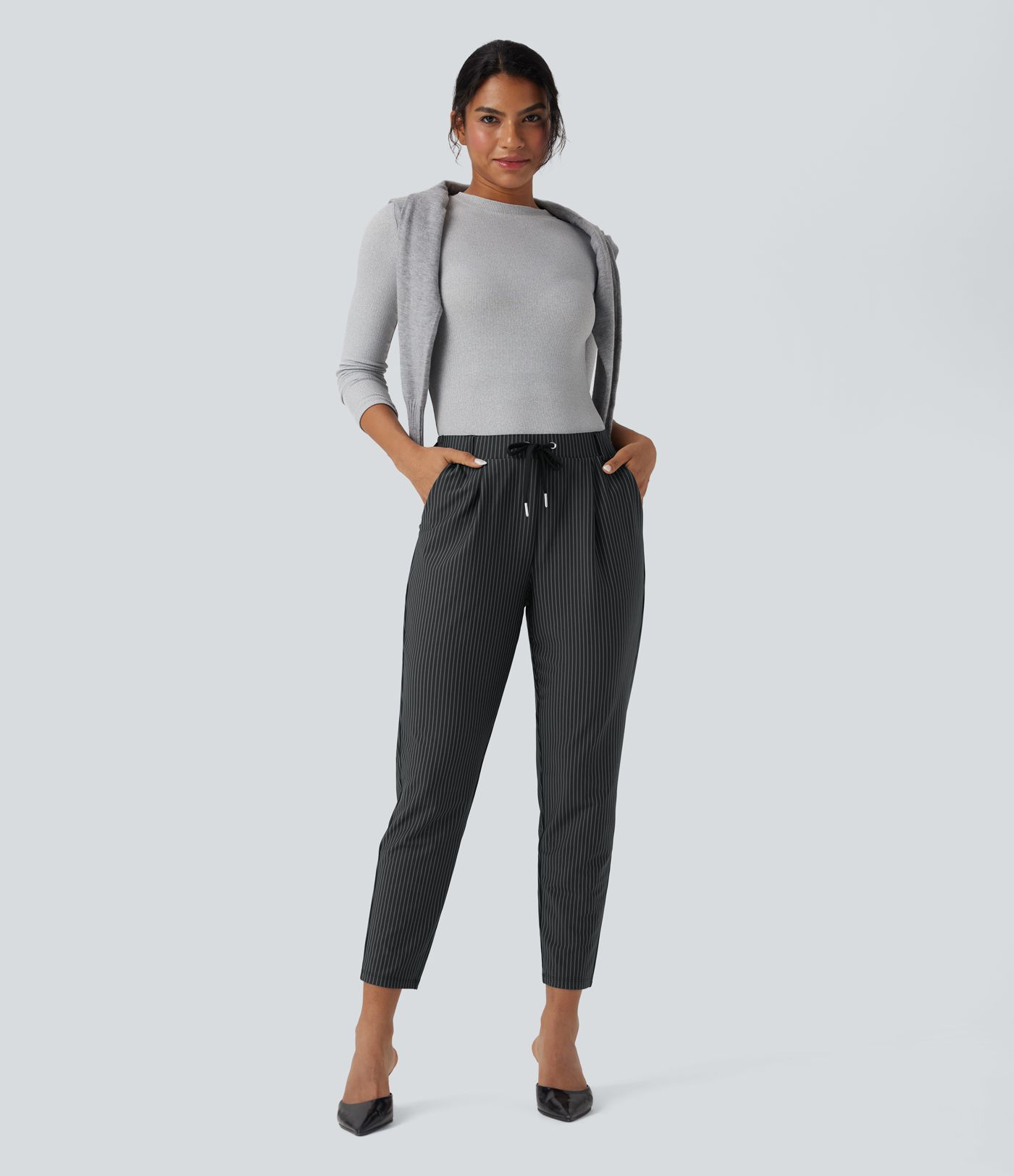 Halara Flex™ Mid Rise Drawstring Tapered Stripe Work Pants with Pockets