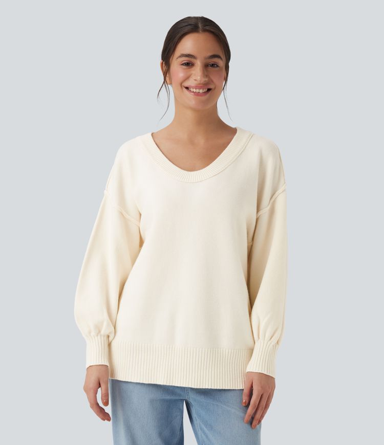 V Neck Dropped Shoulder Long Sleeve Split Casual Sweater