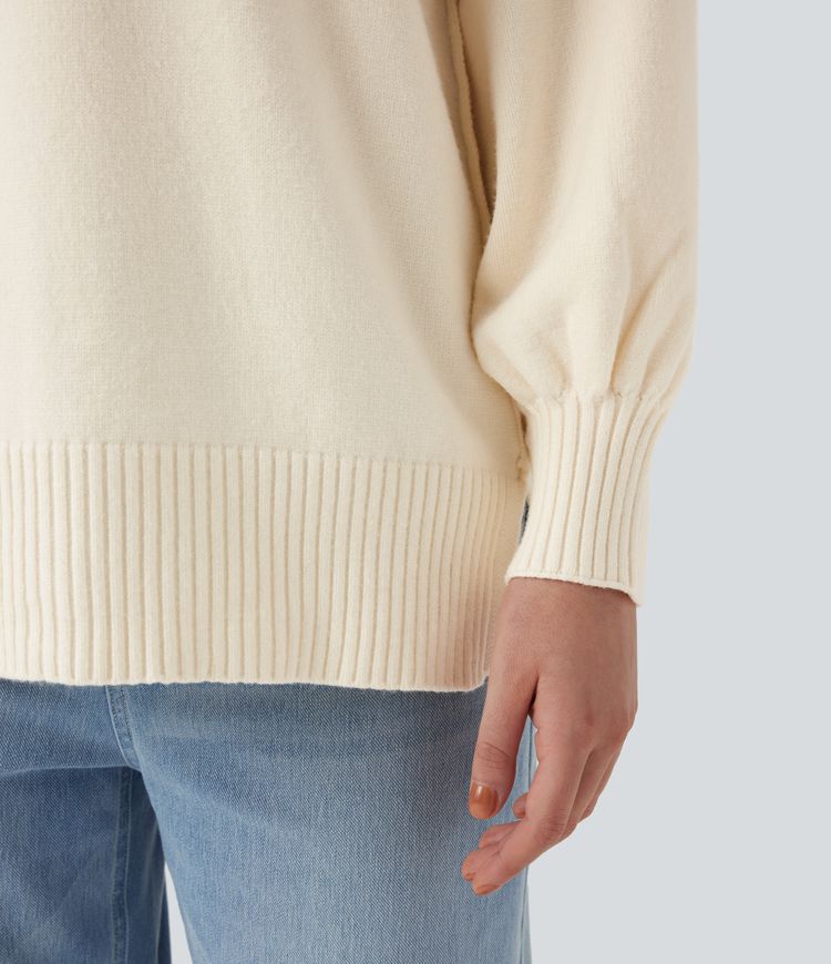 V Neck Dropped Shoulder Long Sleeve Split Casual Sweater