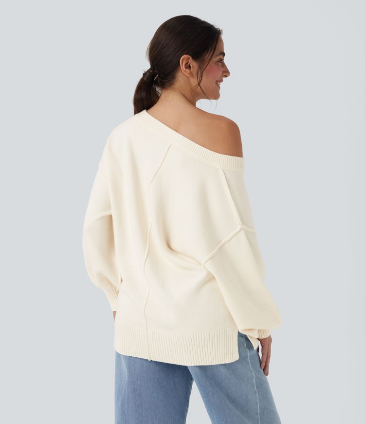 V Neck Dropped Shoulder Long Sleeve Split Casual Sweater