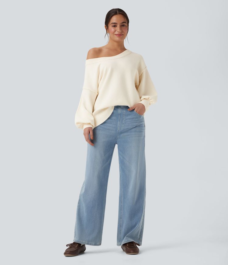 V Neck Dropped Shoulder Long Sleeve Split Casual Sweater