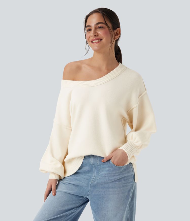V Neck Dropped Shoulder Long Sleeve Split Casual Sweater