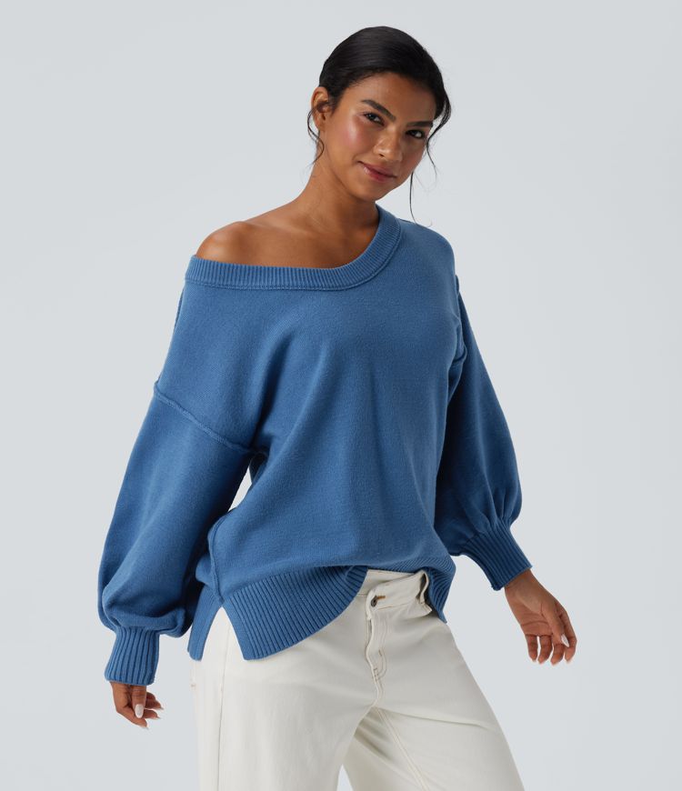 V Neck Dropped Shoulder Long Sleeve Split Casual Sweater