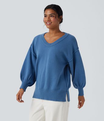 V Neck Dropped Shoulder Long Sleeve Split Casual Sweater