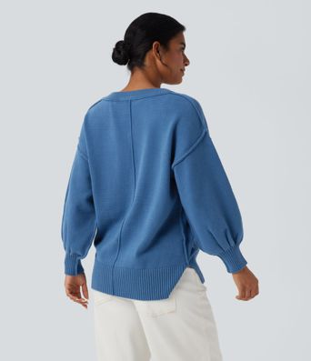 V Neck Dropped Shoulder Long Sleeve Split Casual Sweater