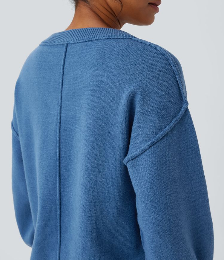 V Neck Dropped Shoulder Long Sleeve Split Casual Sweater