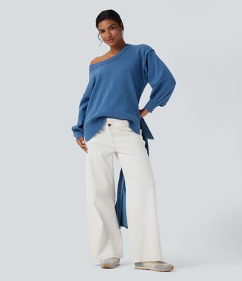 V Neck Dropped Shoulder Long Sleeve Split Casual Sweater