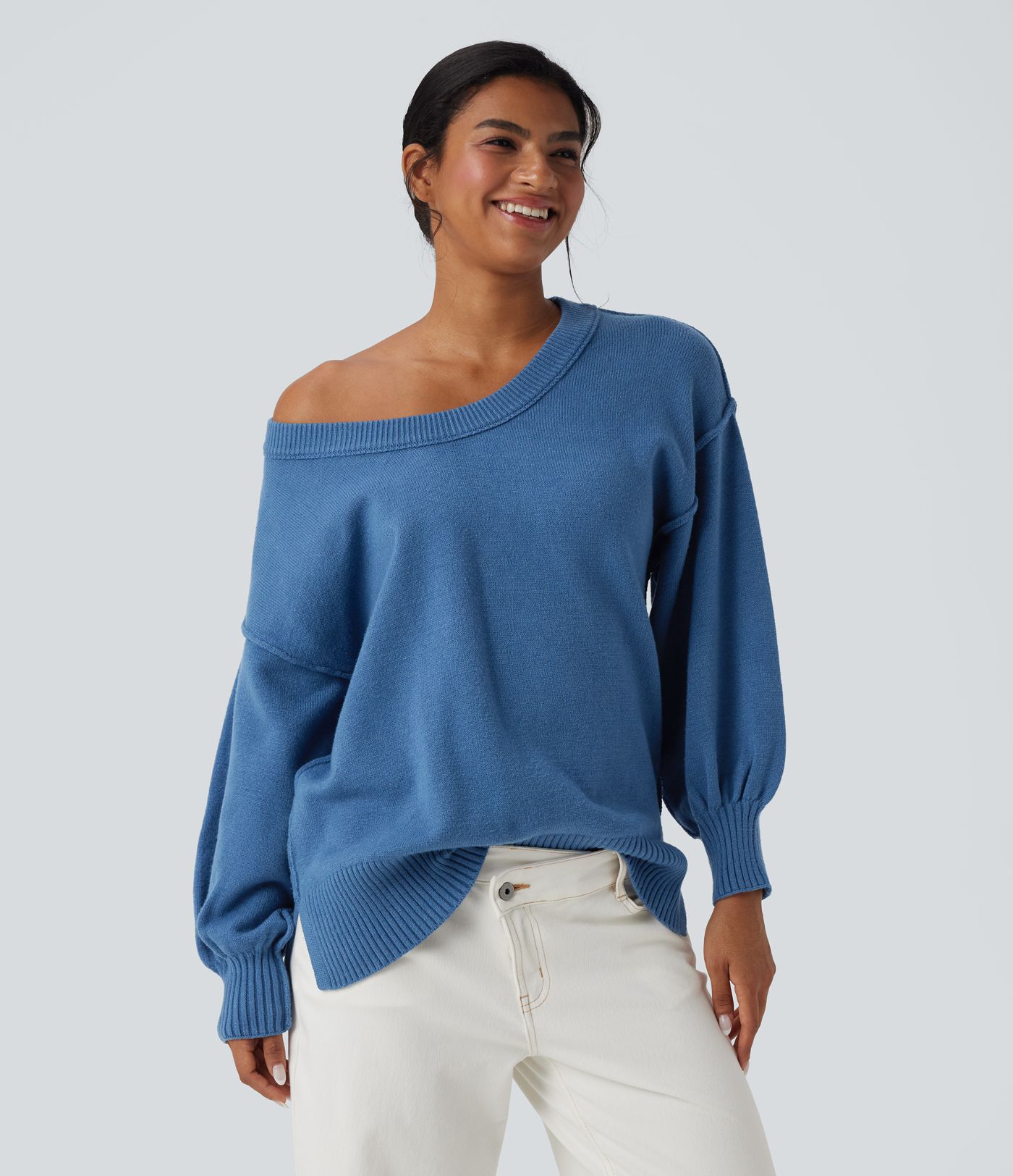 V Neck Dropped Shoulder Long Sleeve Split Casual Sweater
