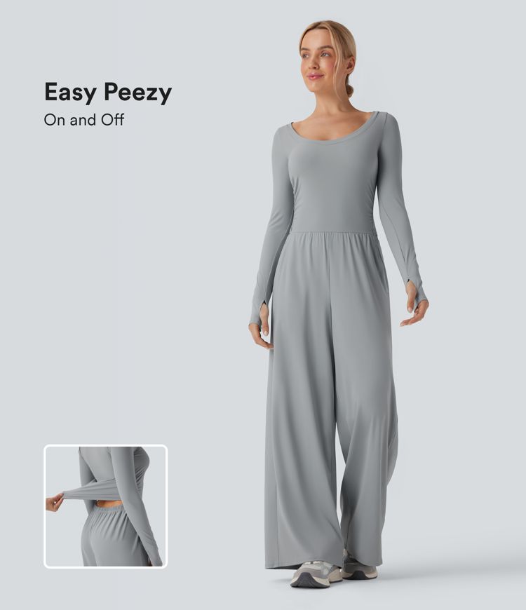 SoftlyZero™ Airy Long Sleeve Thumb Hole Cool Touch Workout Jumpsuit with Pockets-Easy Peezy Edition