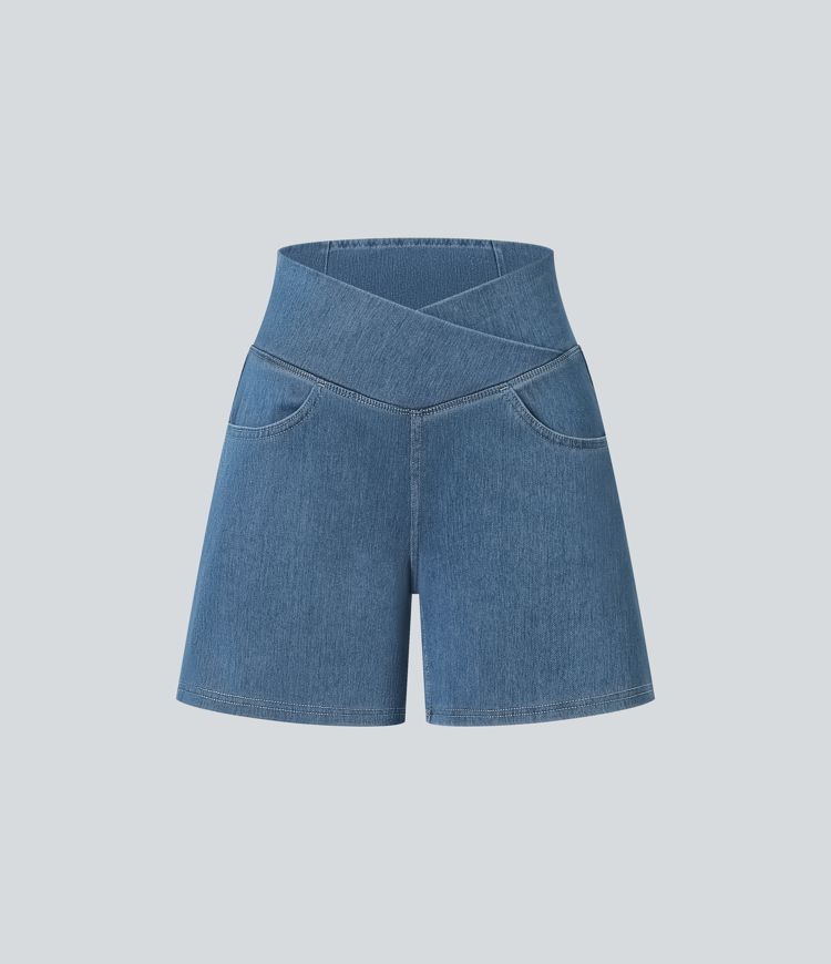 Halara Flex™ Crossover High Waisted Pockets Wide Leg A Line Washed Denim Casual Shorts