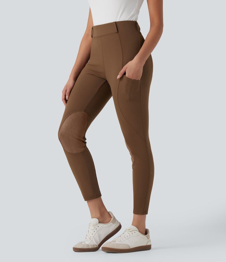 High Waisted Contrast Suede Skinny Trousers with Pockets