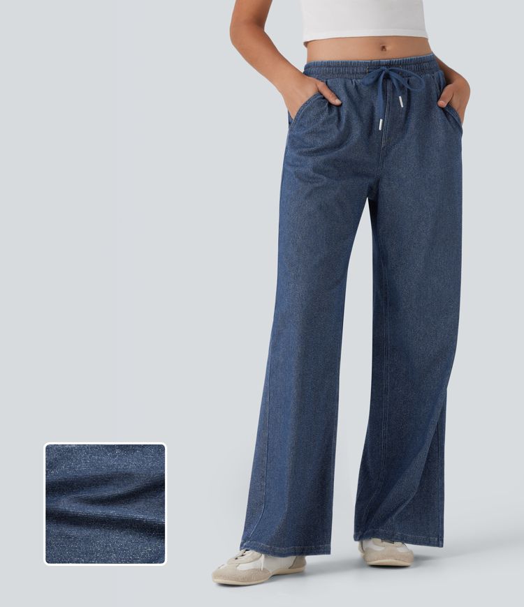 Halara Flex™ Low Rise Drawstring Wide Leg Metallic Casual Jeans with Pockets