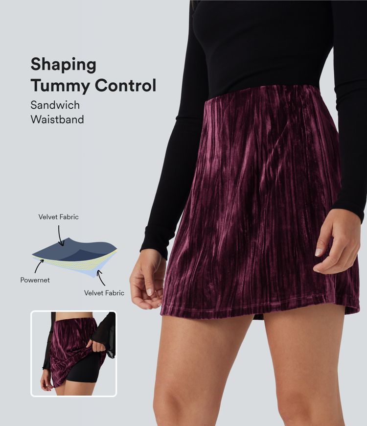 SoCinched High Waisted Tummy Control 2-in-1 A Line Velvet Mini Casual Skirt