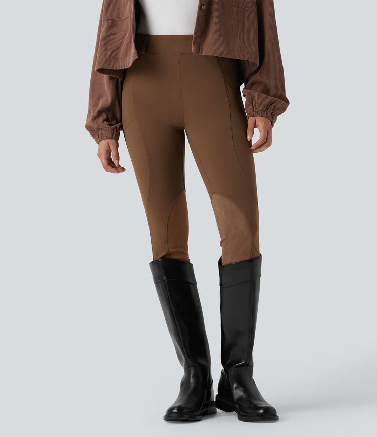 High Waisted Contrast Suede Skinny Pants with Pockets