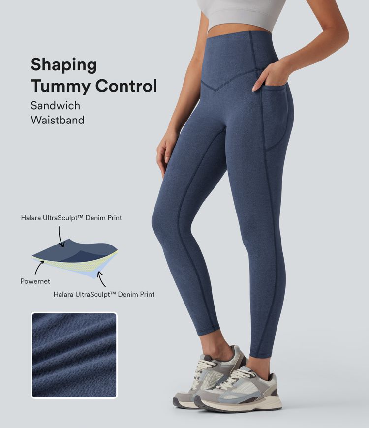 Halara UltraSculpt™ Denim Print SoCinched High Waisted Tummy Control Yoga Leggings with Pockets