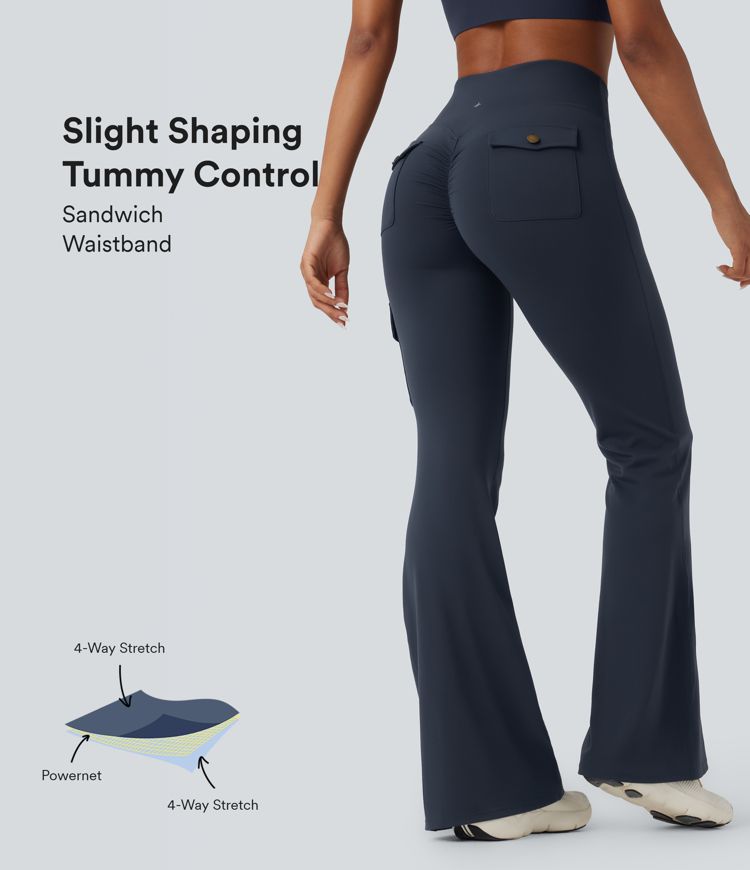 SoCinched High Waisted Tummy Control Ruched Workout Flare Pants with Pockets