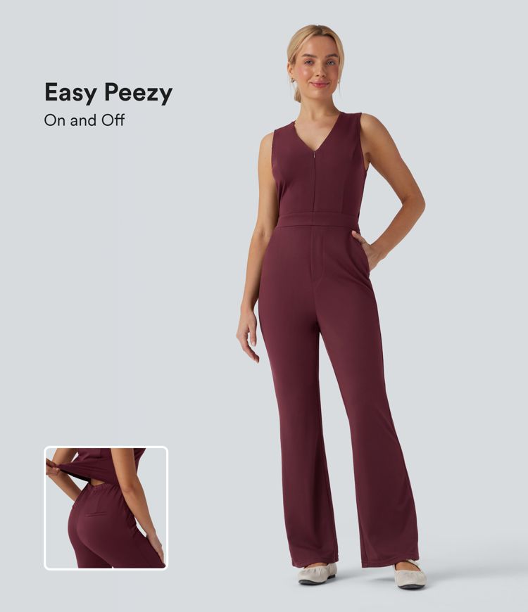 V Neck Sleeveless Casual Bootcut Jumpsuit with Pockets-Easy Peezy Edition