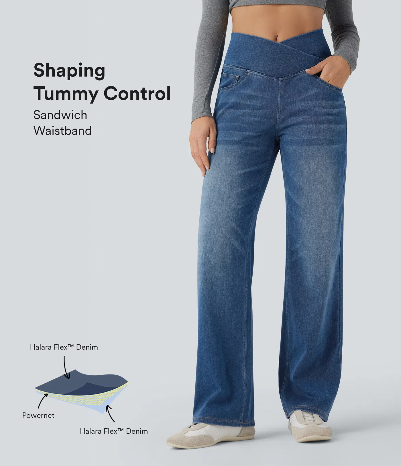 Jeans casuales rectos con control de abdomen de tiro alto cruzado y bolsillos, estilo Halara Flex™ SoCinched