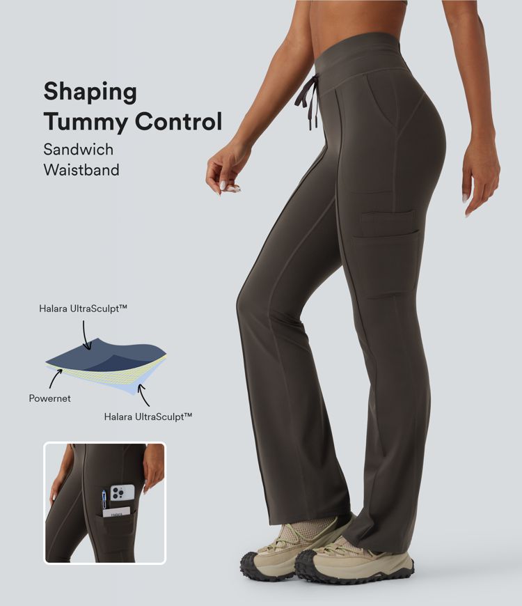 Halara UltraSculpt™ SoCinched High Waisted Tummy Control Drawstring Hiking Bootcut Leggings with Pockets