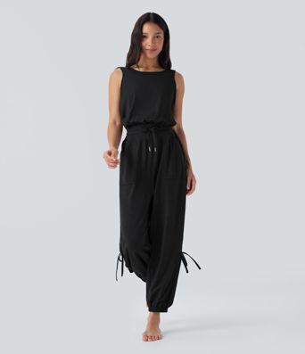 Sleeveless Cut Out Drawstring Yoga Jumpsuit with Pockets