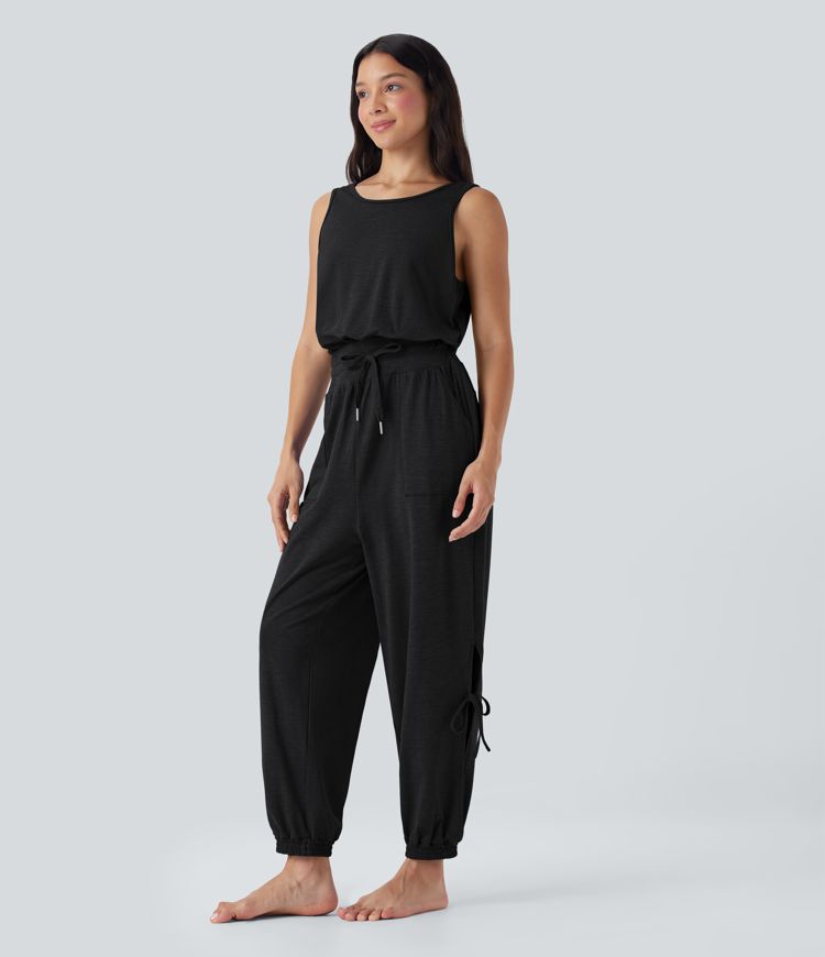 Sleeveless Cut Out Drawstring Yoga Jumpsuit with Pockets