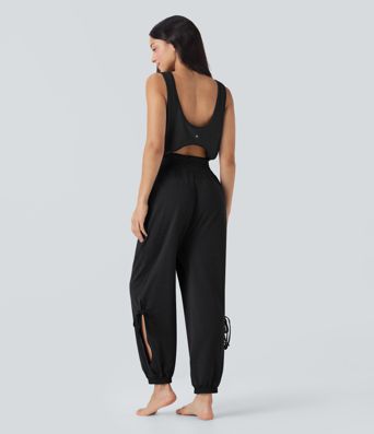 Sleeveless Cut Out Drawstring Yoga Jumpsuit with Pockets