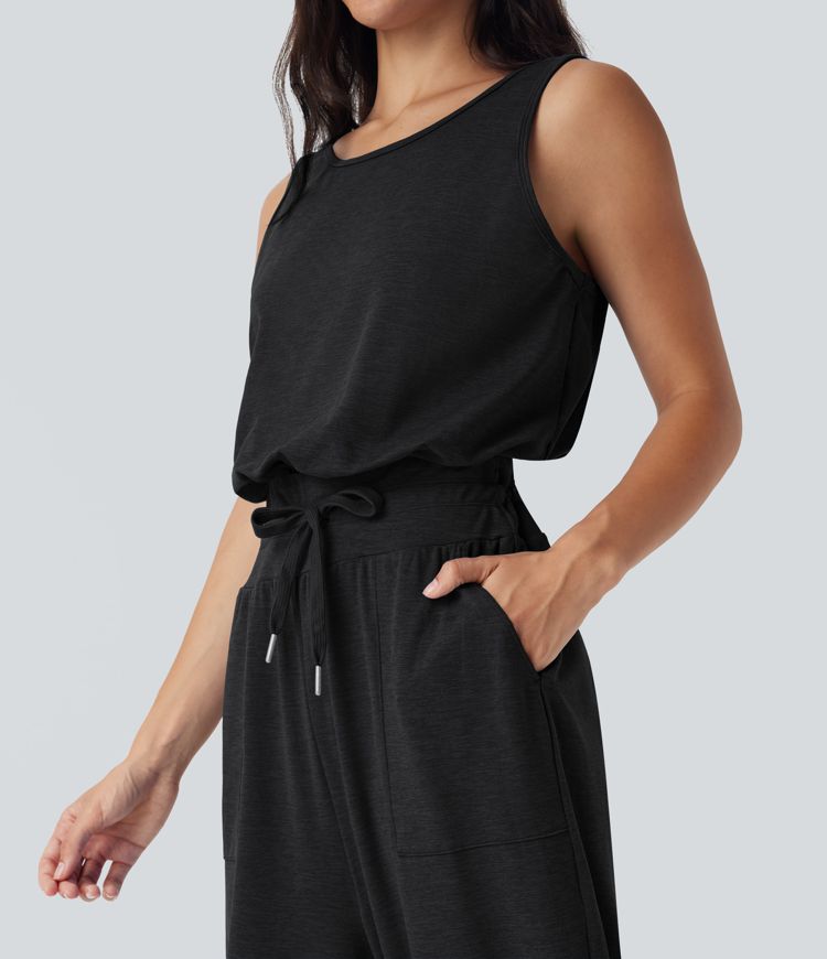 Sleeveless Cut Out Drawstring Yoga Jumpsuit with Pockets