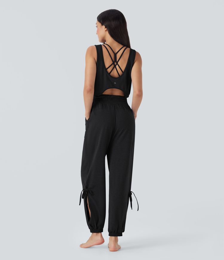 Sleeveless Cut Out Drawstring Yoga Jumpsuit with Pockets