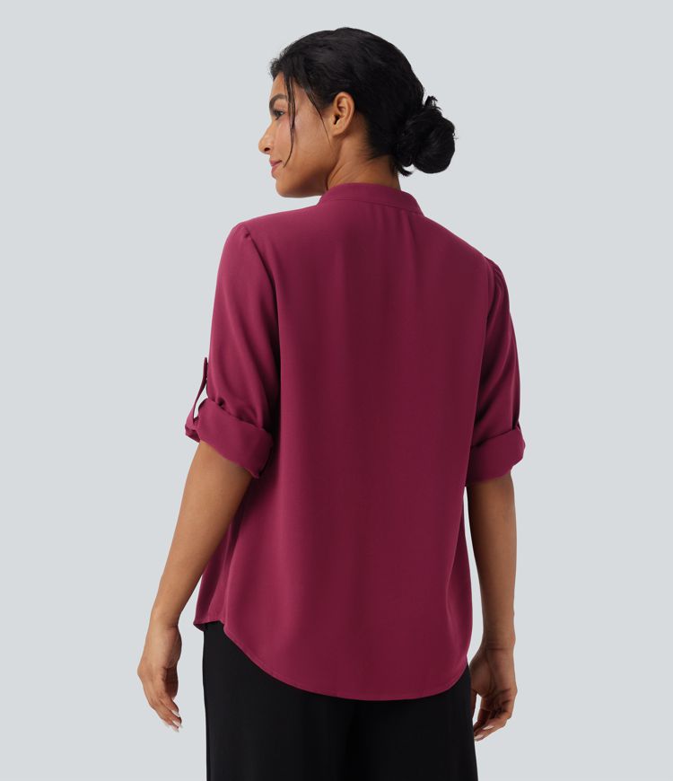 V Neck Long Sleeve Curved Hem Work Shirt