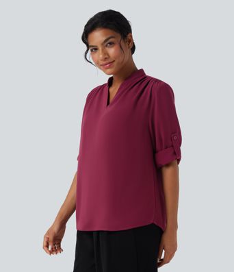 V Neck Long Sleeve Curved Hem Work Shirt