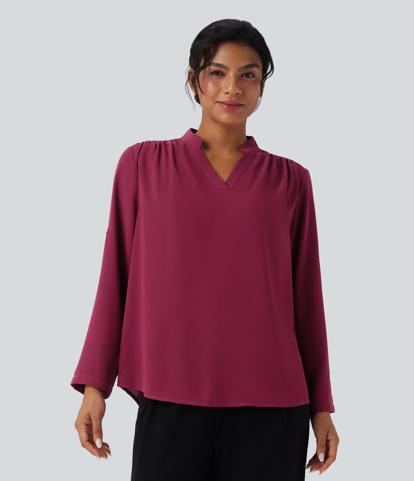 V Neck Long Sleeve Curved Hem Work Shirt