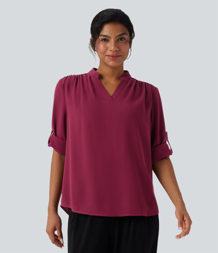 V Neck Long Sleeve Curved Hem Work Shirt
