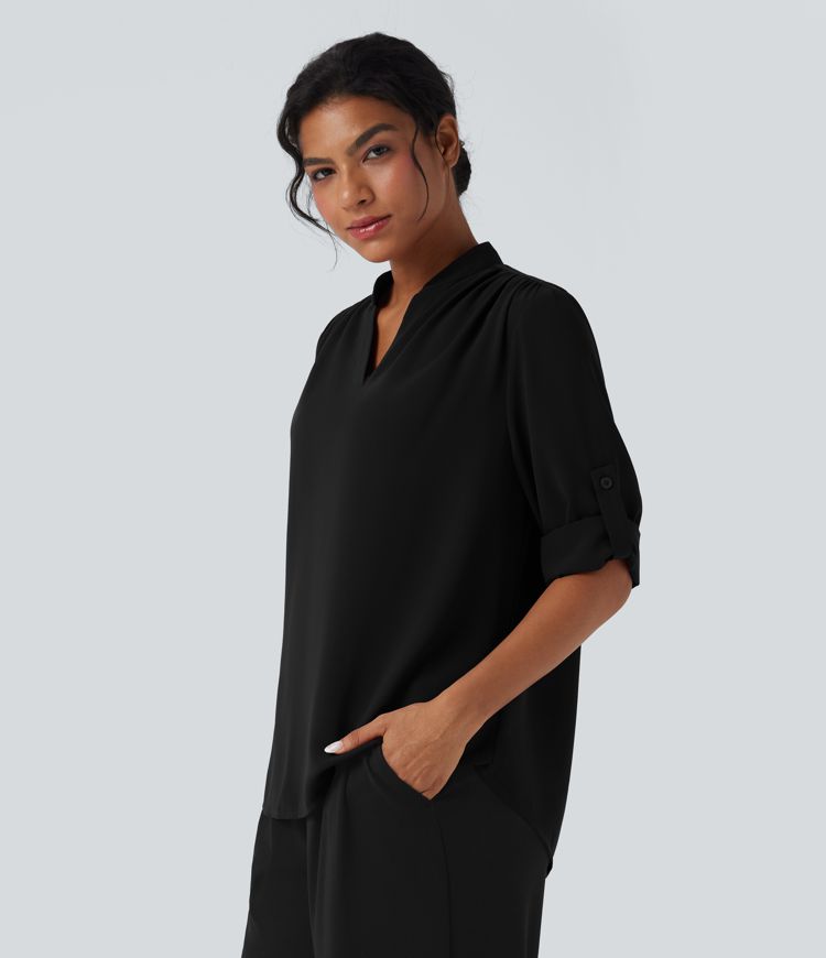 V Neck Long Sleeve Curved Hem Work Shirt