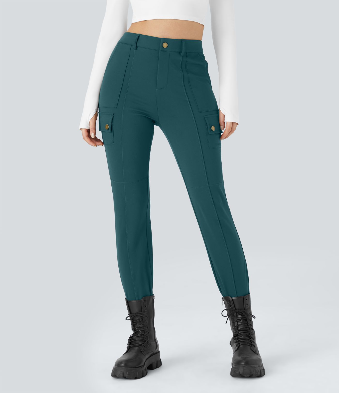 High Waisted Zipper Pockets Solid Skinny Women Cargo Pants