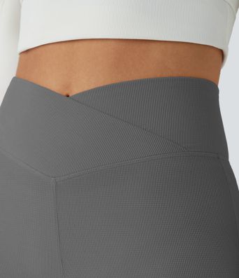 Crossover High Waisted Pocket Waffle Casual Flare Pants