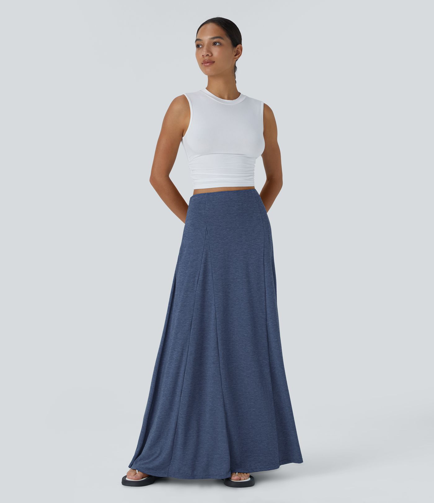 High Waisted Side Zipper Maxi Casual Flare Skirt