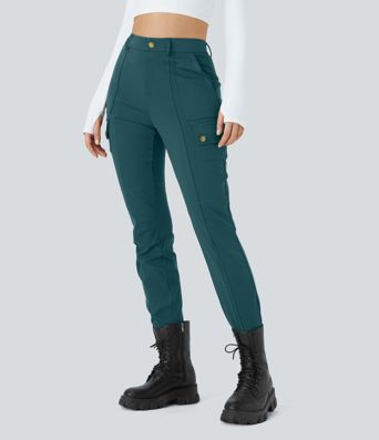 High Waisted Zipper Pockets Solid Skinny Women Cargo Pants