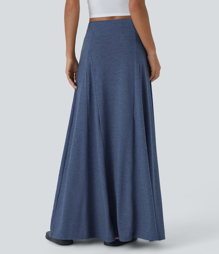 High Waisted Side Zipper Maxi Casual Flare Skirt