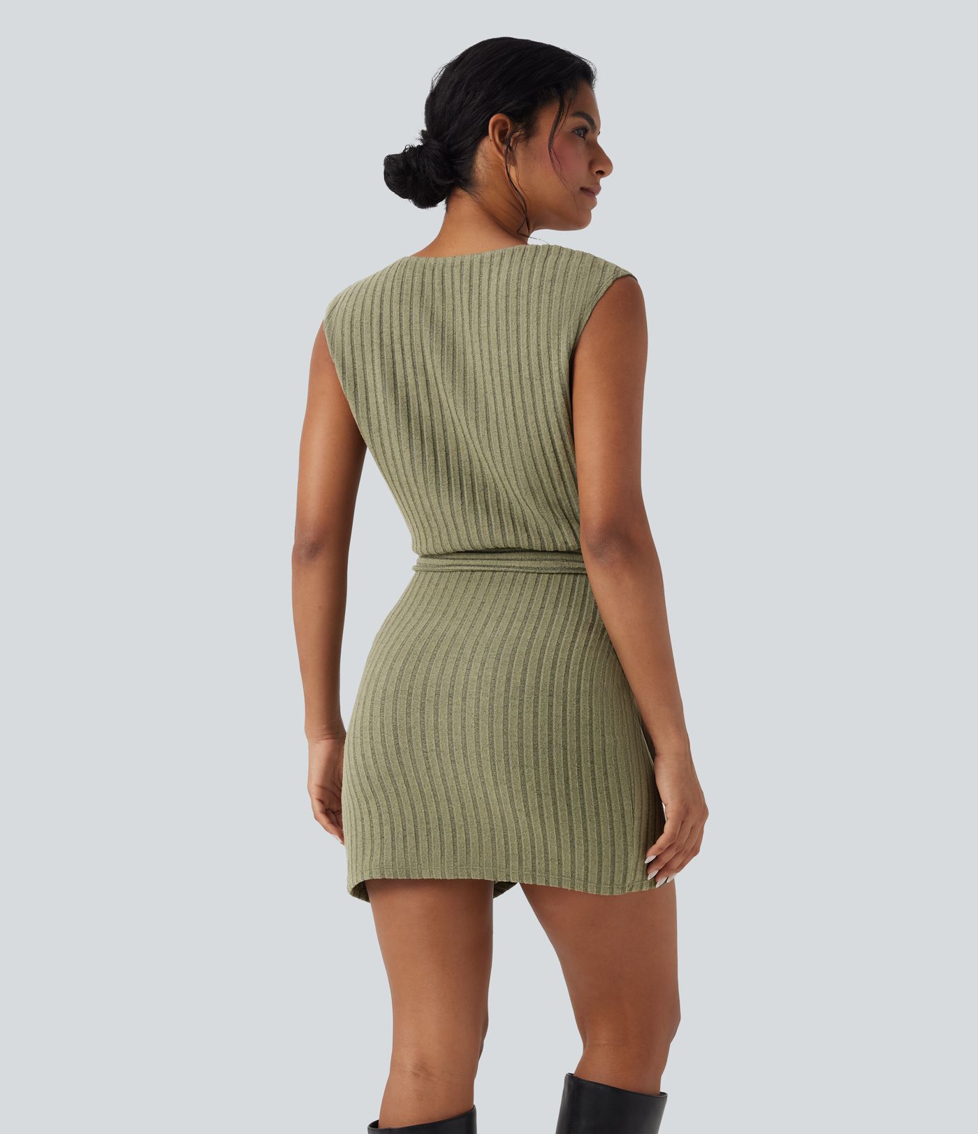 Ribbed Knit Sleeveless Belted Wrap Bodycon Mini Casual Dress
